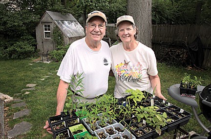Fred and Susan Burk of Kirkwood with some of the native plants they plan to give visitors at the June 12 Sustainable Backyard Tour. photo by Diana Linsley, Webster-Kirkwood Times.