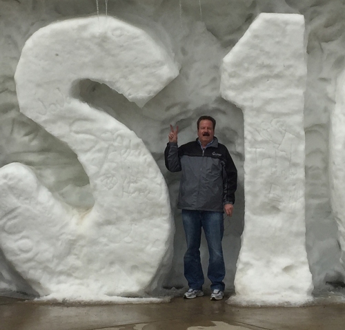 Here's a closer look at Don wedged inside a snow sculpture. 