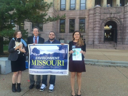Climate activist, transportation activist, and environmental health professor gather in front of City Hall to release a new report on carbon-free transportation. (from left to right: Marrielle Brown, Roger R. Lewis, Jose Carmona, and Taylor Hale)